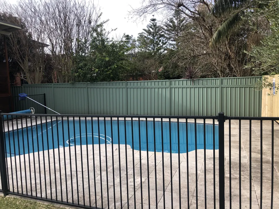 Pool fence running across the back boundary in front of a green Colorbond fence